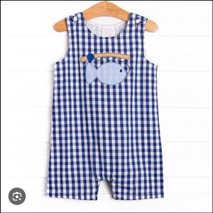 Stitchy Fish Blue Gingham Baby Romper 9 months with Fish Applique